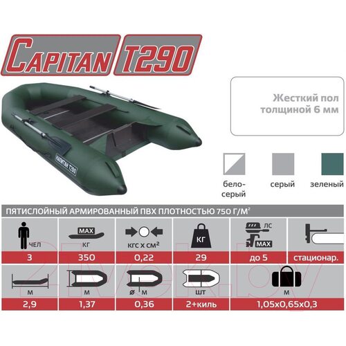 Лодка ПВХ Тонар Капитан Т290 киль+пол (серый)